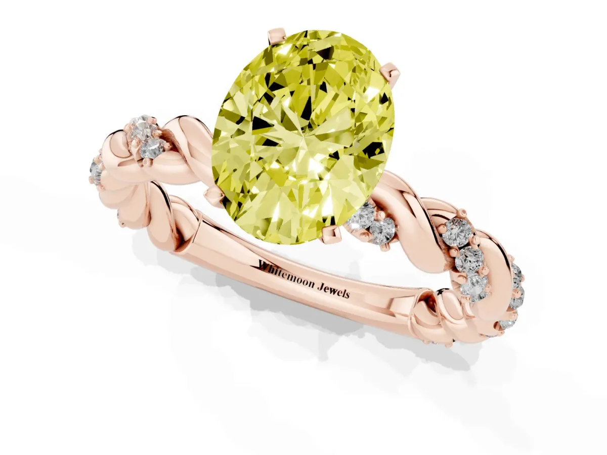 Fancy Yellow Oval Cut Diamond Solitaire Ring with Twisted Band and Pavé Accents Rose gold