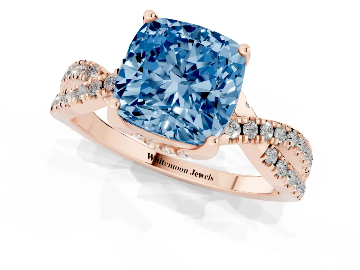 Fancy Blue Cushion Cut Solitaire Twist Pave Diamond Engagement Ring with Prong Setting Rose gold