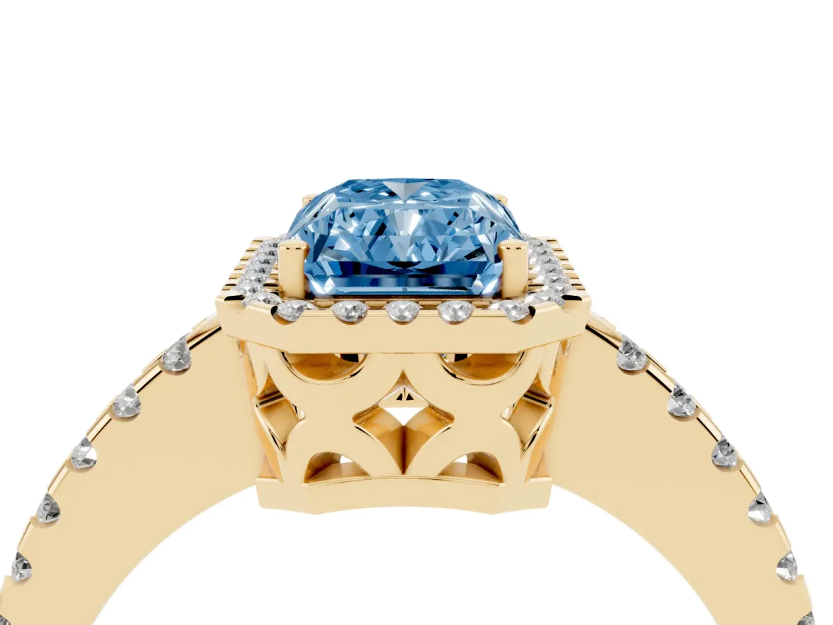 Fancy Blue Radiant Cut Diamond Halo Engagement Ring with Pavé Band and Prong Setting Yellow gold