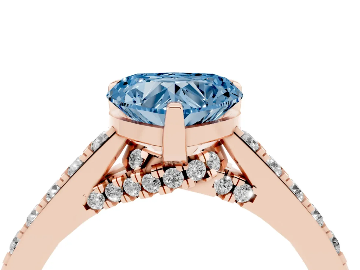 Fancy Blue Heart Cut Diamond Solitaire Ring with Crossover Gallery and Round Pavé Band Rose gold