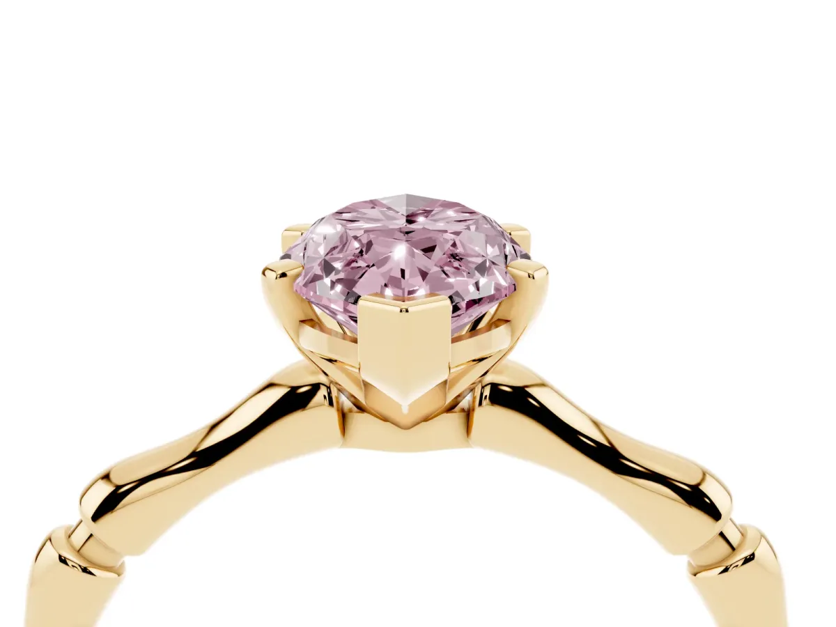 Fancy Pink Marquise Cut Solitaire Diamond Ring with Bamboo Band and Four-Prong Setting Yellow gold