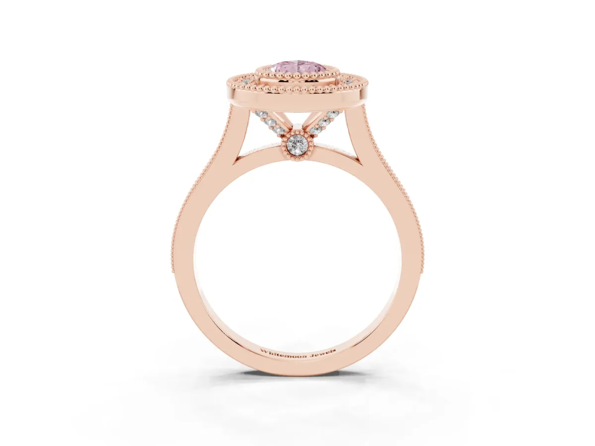 Fancy Pink Pear Cut Diamond Halo Ring with Milgrain Frame and Pavé Band Rose gold