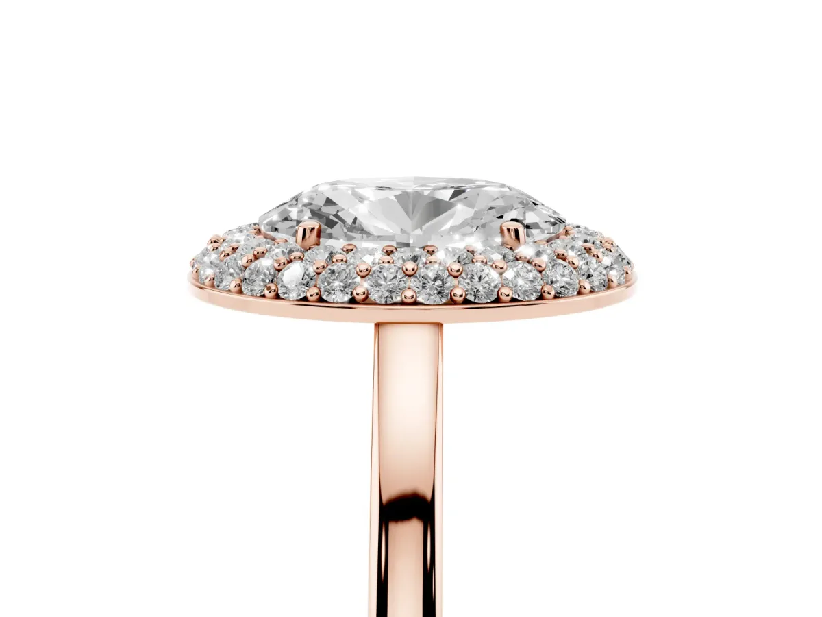 Oval Cut Halo Diamond Engagement Ring with Solitaire Band and Four-Prong Setting Rose gold