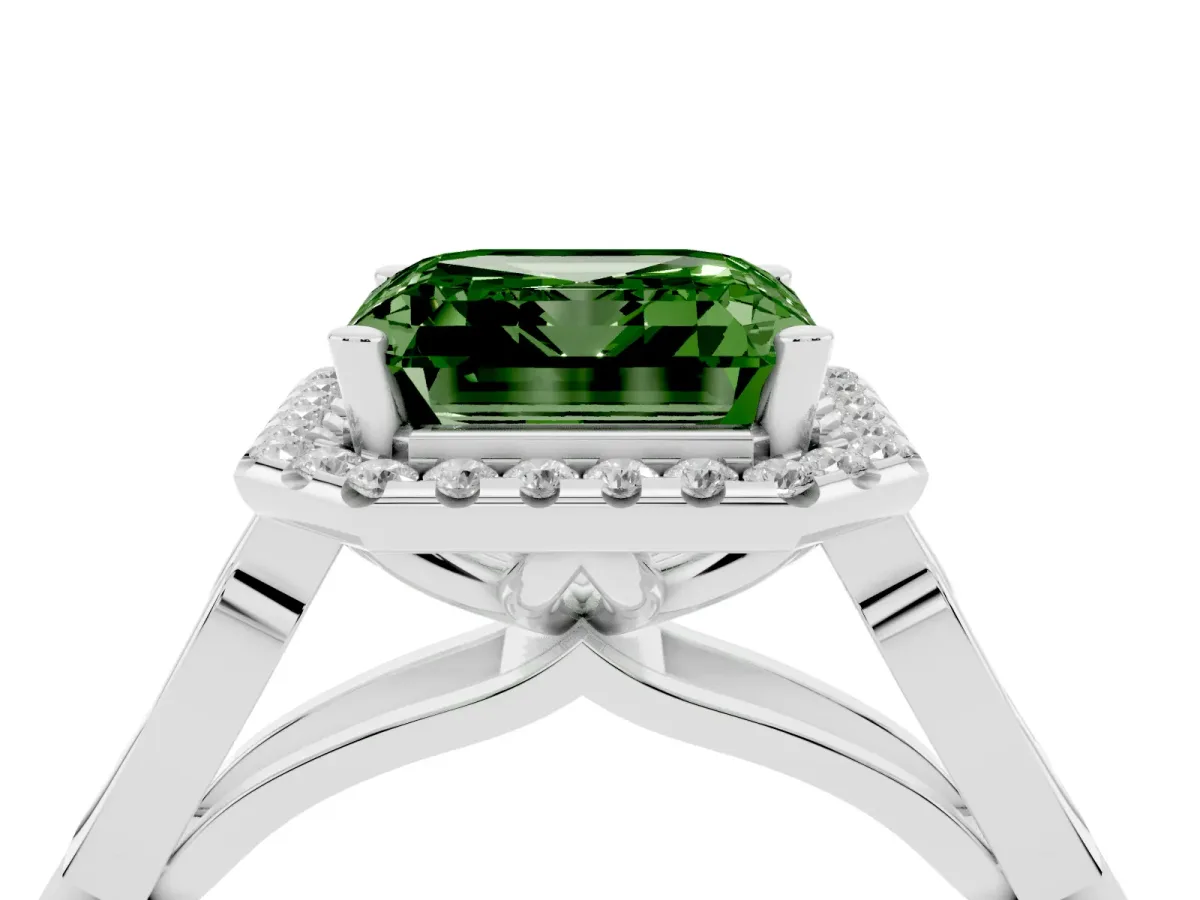 Fancy Green Asscher Cut Halo Diamond Engagement Ring with Filigree Band and Four-Prong Setting White gold