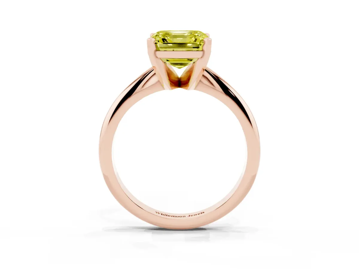 Fancy Yellow Asscher Cut Cut Solitaire Ring with Four-Prong Setting on a Classic Band Rose gold