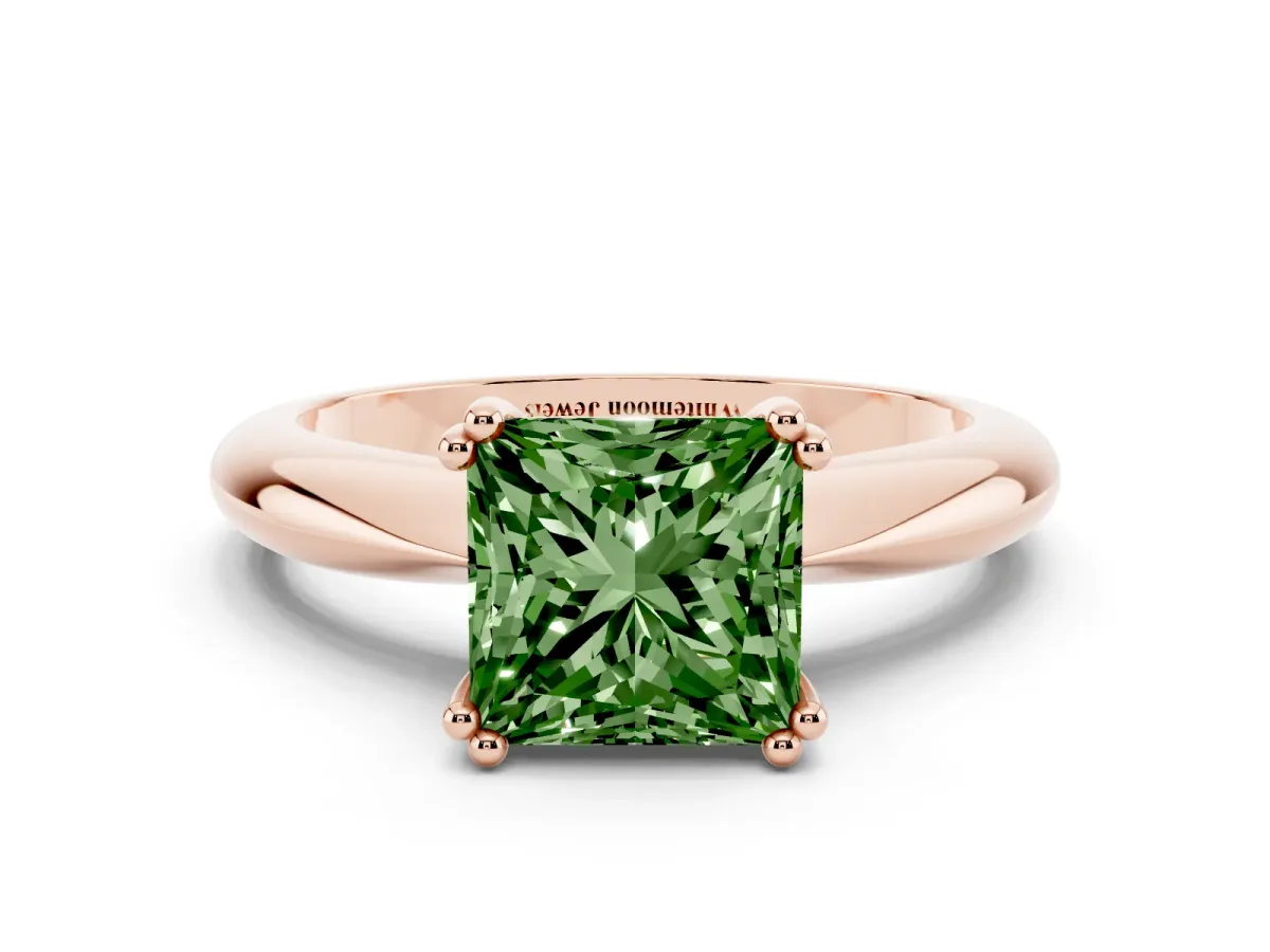 Fancy Green Princess Cut Cut Solitaire Engagement Ring with Tapered Band and Four-Prong Setting Rose gold