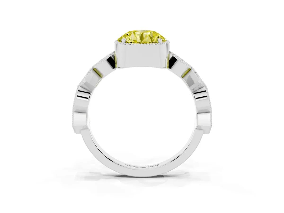 Fancy Yellow Round Cut Milgrain Marquise Diamond Twist Band Ring Silver