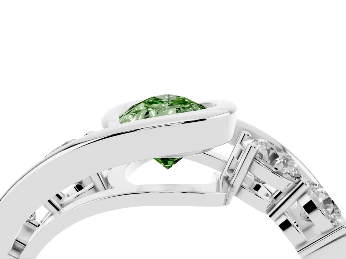 Fancy Green Bezel Set Pear Cut Diamond Bypass Ring with Round Accents Platinum