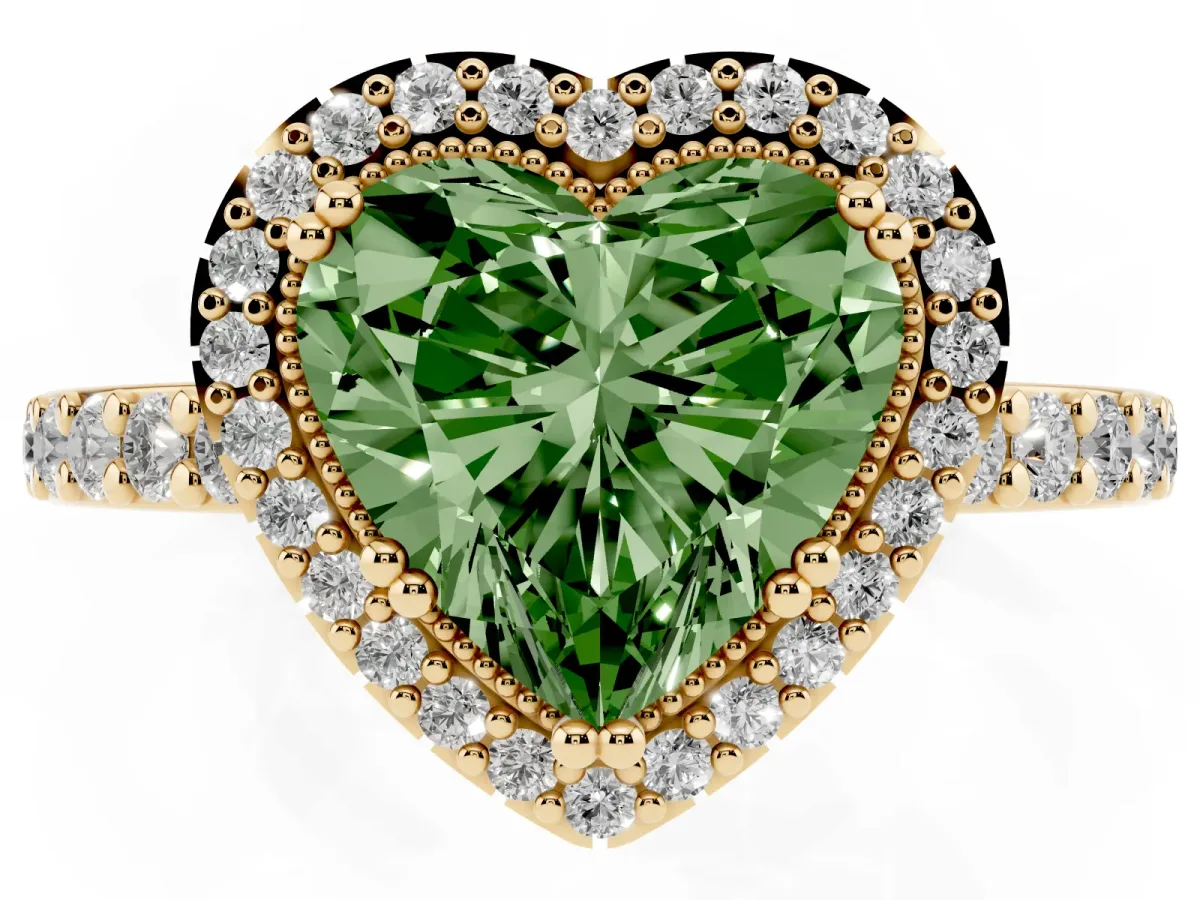 Fancy Green Heart Cut Cut Diamond Halo Engagement Ring with Milgrain Detail and Pavé Band Yellow gold