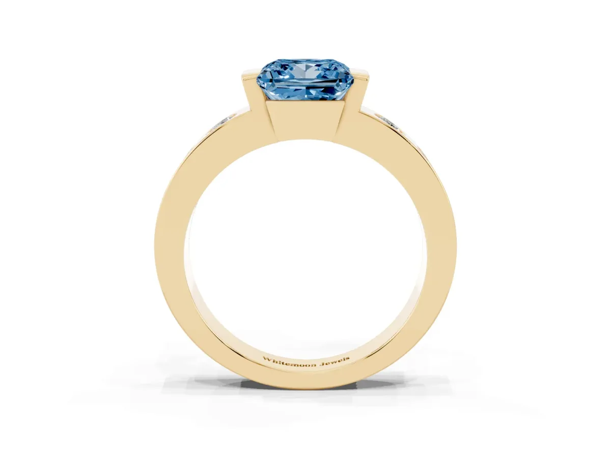 Fancy Blue Princess Cut Brilliant Channel-Set Diamond Ring with Bezel Prong Setting Yellow gold