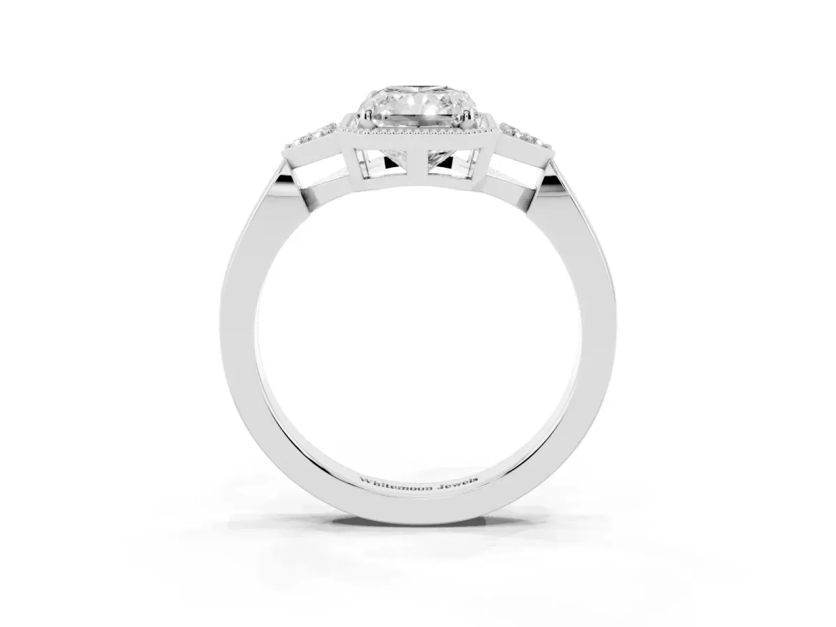 Hexagonal Halo Radiant Cut Diamond Solitaire with Pavé Band and Four-Prong Setting White gold