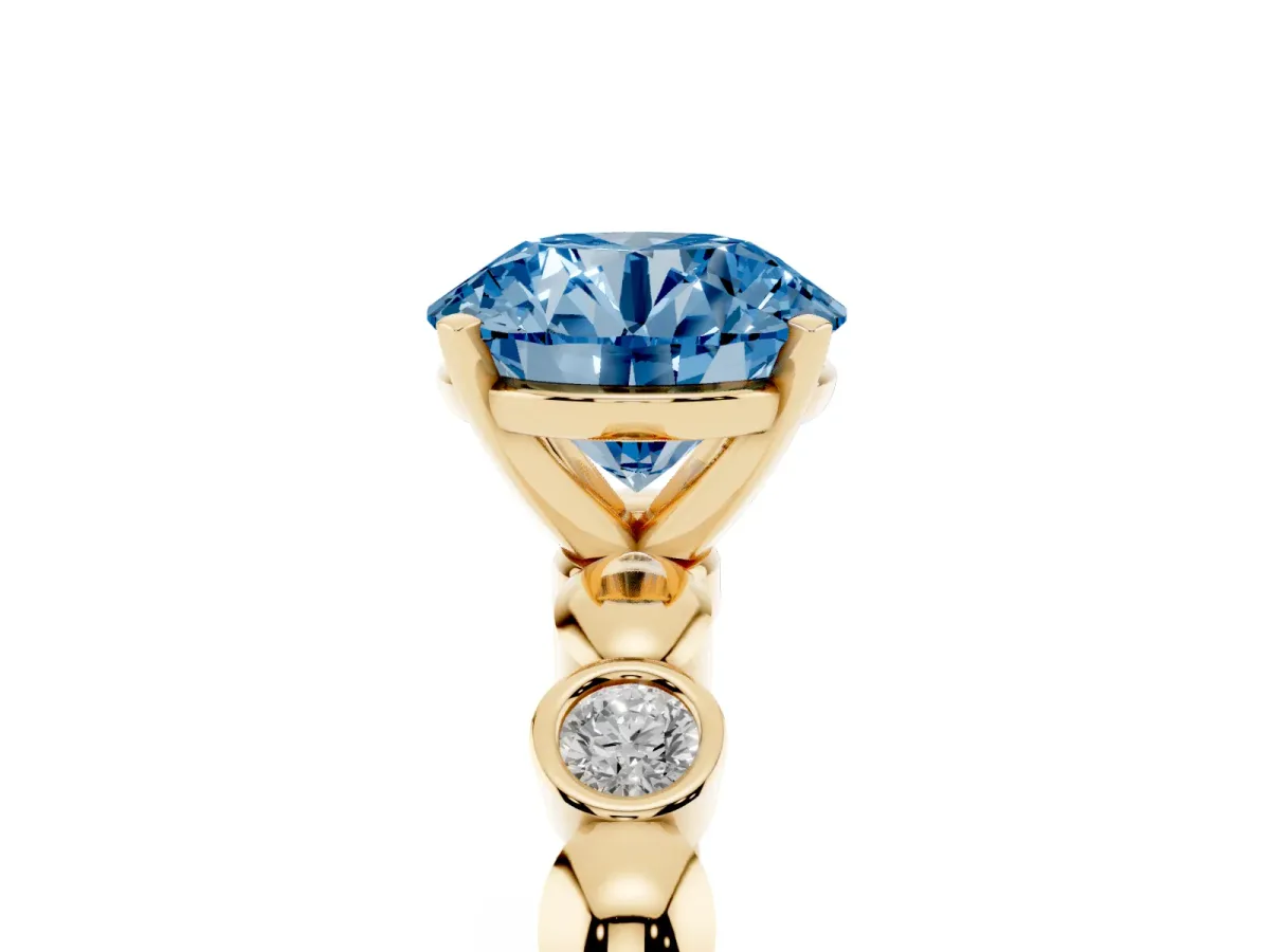 Fancy Blue Round Cut Solitaire Bezel-Set Diamond Ring with Beaded Band and Four-Prong Setting Yellow gold