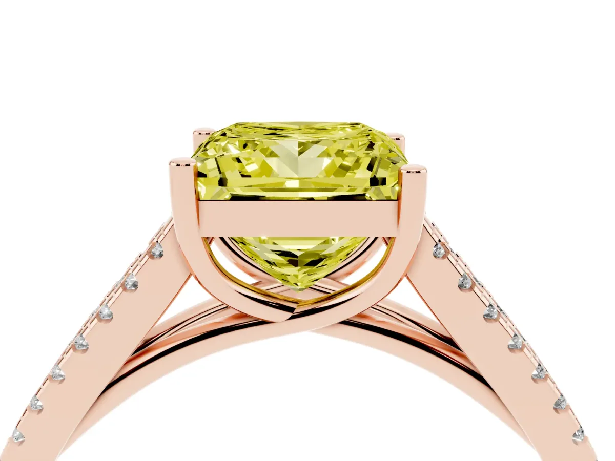 Fancy Yellow Princess Cut Diamond Solitaire Engagement Ring with Split Shank Pavé Band Rose gold