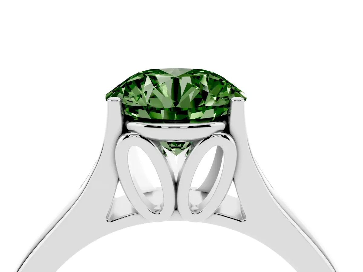 Fancy Green Round Cut Solitaire Diamond Ring with Cathedral Band and Four-Prong Setting Silver
