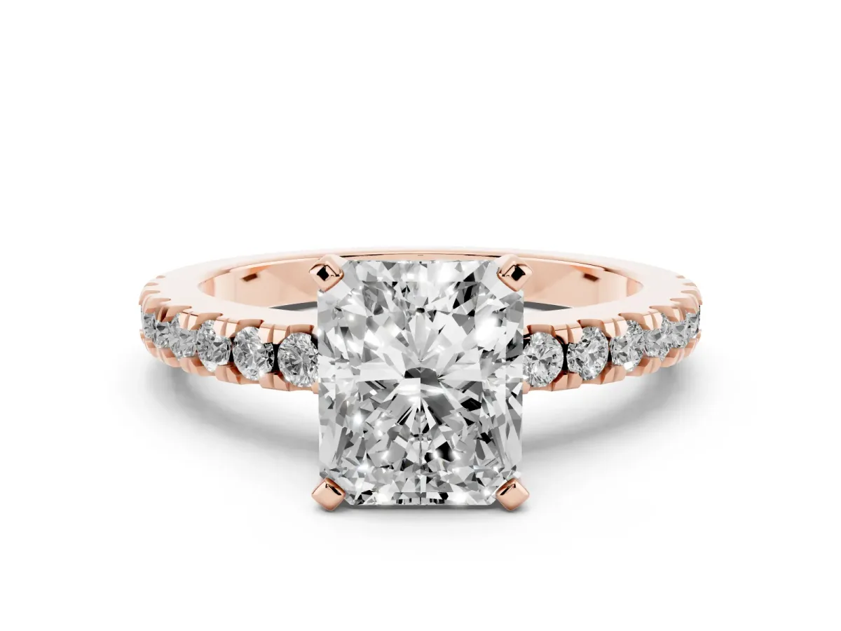 Radiant Cut Solitaire Diamond with Pavé Band and Four-Prong Setting Rose gold