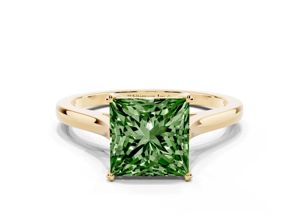 Fancy Green Princess Cut Solitaire Heart Prong Engagement Ring with Tapered Band Yellow gold