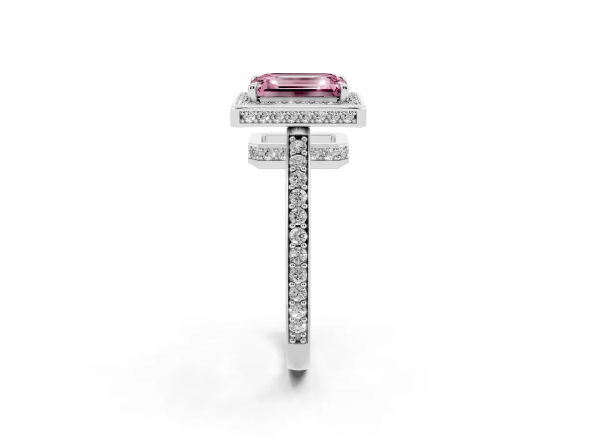 Fancy Pink Emerald Cut Halo Pave Band Solitaire Ring with Prong Setting Silver