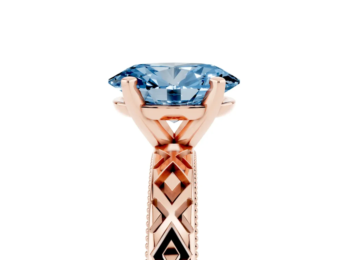Fancy Blue Oval Cut Solitaire Diamond Ring with Milgrain and Black Enamel X Pattern Band Rose gold