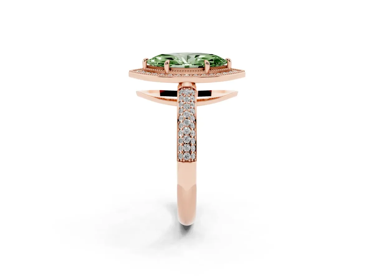 Fancy Green Marquise Cut Cut Halo Diamond Pave Band with Four-Prong Setting Rose gold
