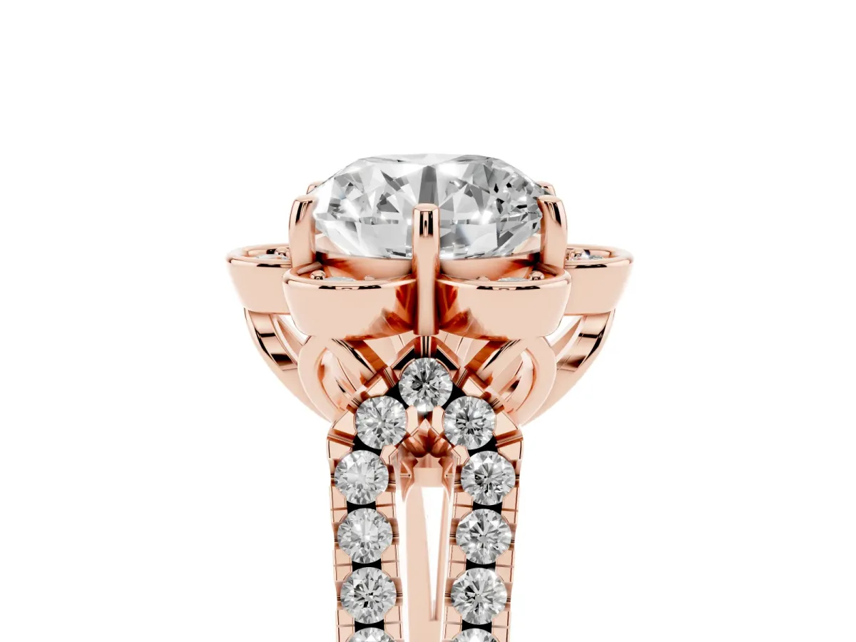 Round Cut Halo Diamond Floral Split Shank Engagement Ring Rose gold