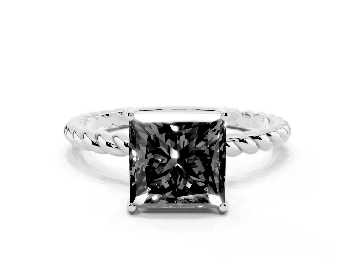 Fancy Black Princess Cut Solitaire Twisted Band 4-Prong Ring Silver