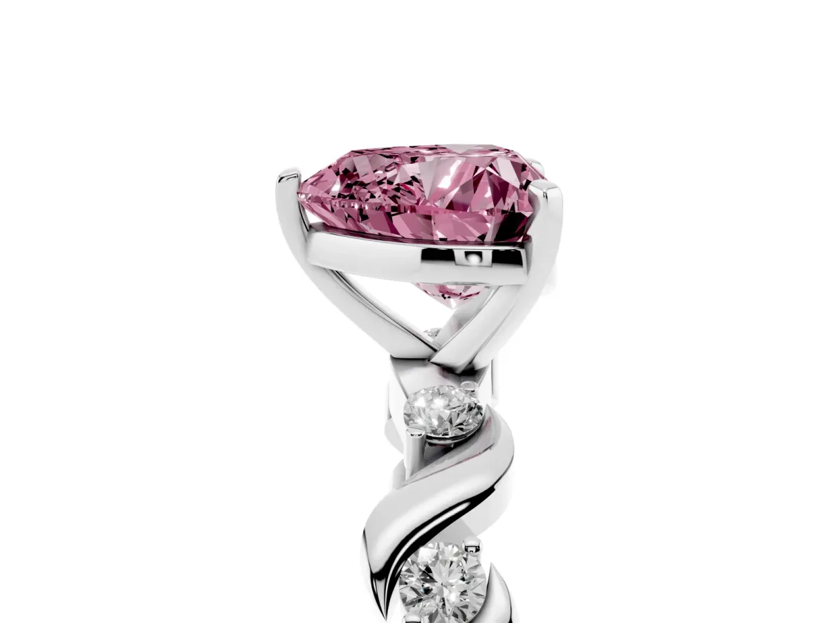 Fancy Pink Heart Cut Diamond Solitaire Twisted Band with Round Accents and Prong Setting White gold