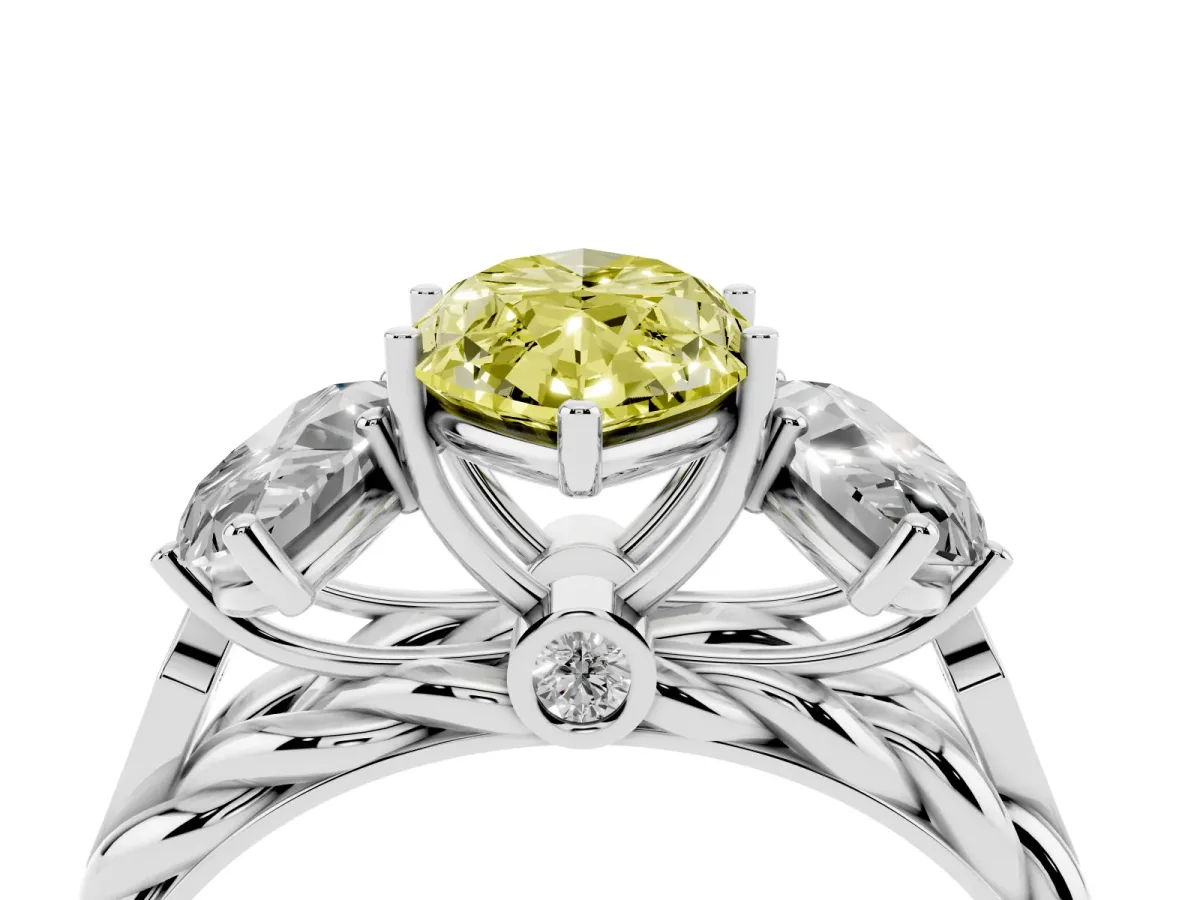 Fancy Yellow Three-Stone Marquise Cut Diamond Braided Band Ring with Four-Prong Setting Silver