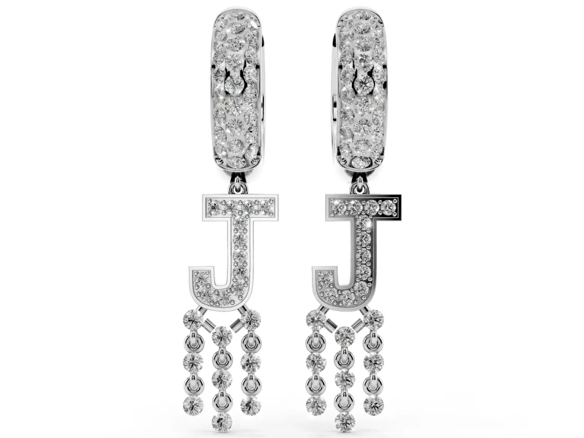 Round Diamond Initial J Huggie Hoop Earrings Platinum