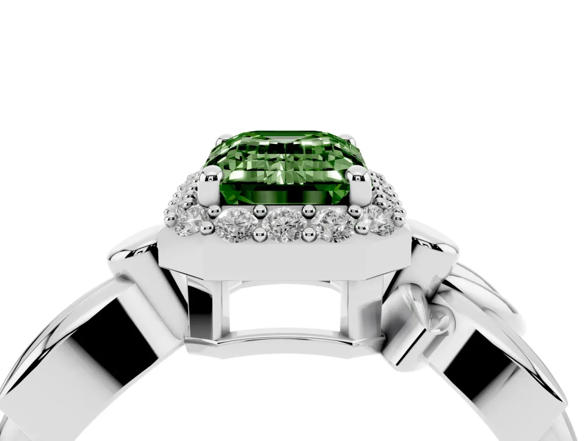 Fancy Green Emerald Cut Halo Diamond Floral Band with Four-Prong Setting Platinum