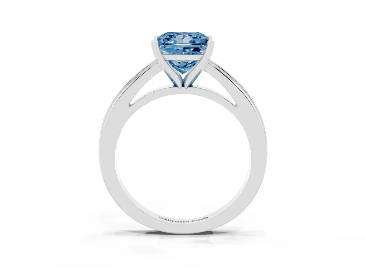 Fancy Blue Princess Cut Solitaire Diamond Ring with Four-Prong Setting and Classic Band Platinum