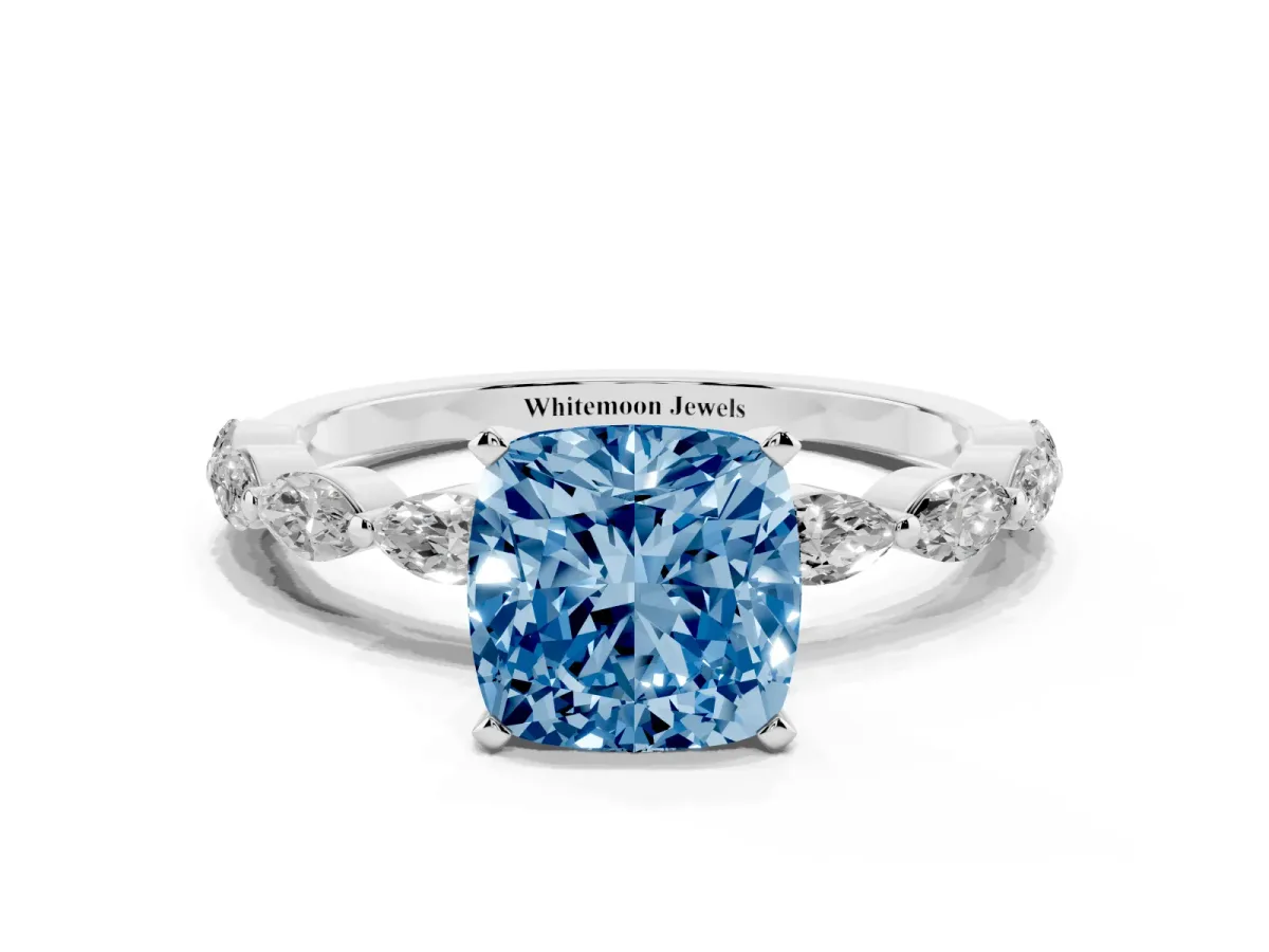 Fancy Blue Cushion Cut Diamond Ring with Marquise Side Stones and Prong Setting White gold