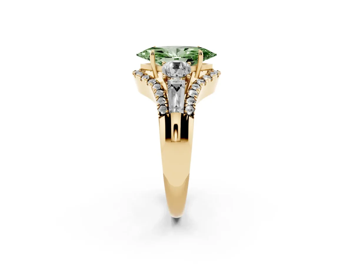 Fancy Green Three-Stone Marquise Cut Diamond Engagement Ring with Pave Band and Prong Setting Yellow gold