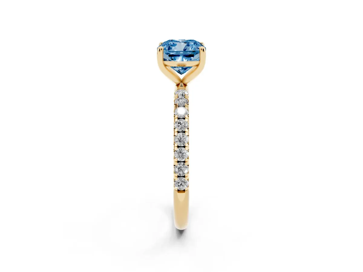 Fancy Blue Cushion Cut Cut Diamond Solitaire Ring with Micro Pave Band and Four Prong Setting Yellow gold