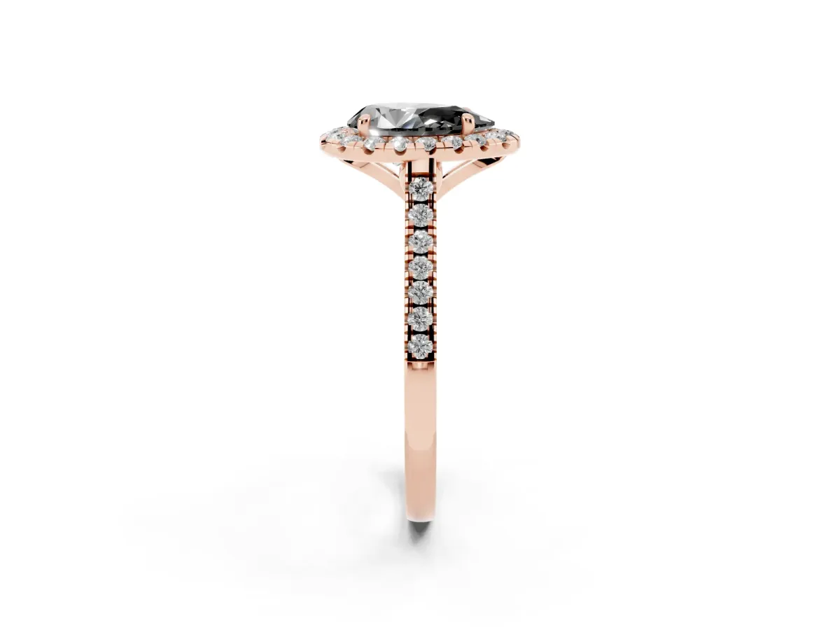 Fancy Black Pear Cut Diamond Cushion Halo Ring with Pavé Band Rose gold