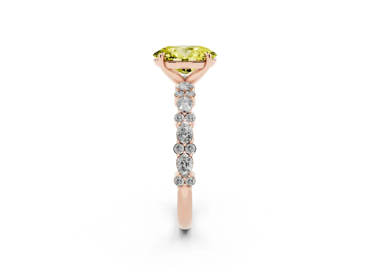 Fancy Yellow Oval Cut Diamond Side Stone Solitaire Ring with Round and Four-Prong Setting Rose gold