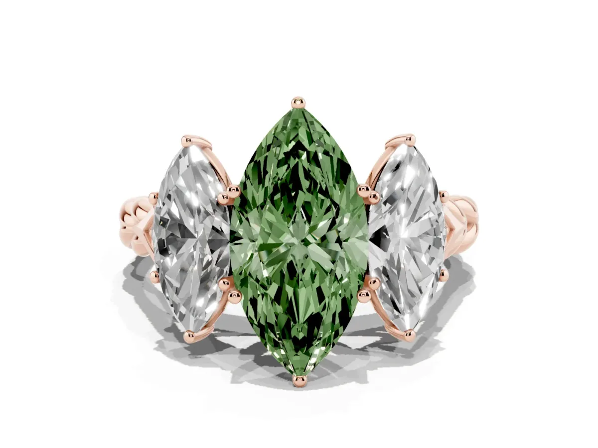 Fancy Green Three-Stone Marquise Cut Diamond Braided Band Ring with Four-Prong Setting Rose gold