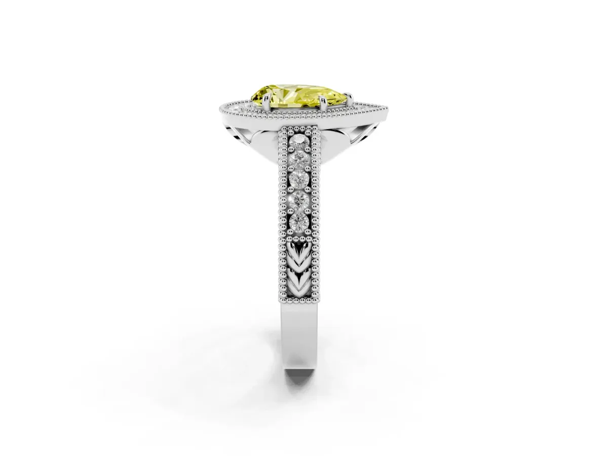 Fancy Yellow Pear Cut Cut Halo Diamond Ring with Pavé Band and Four-Prong Setting White gold