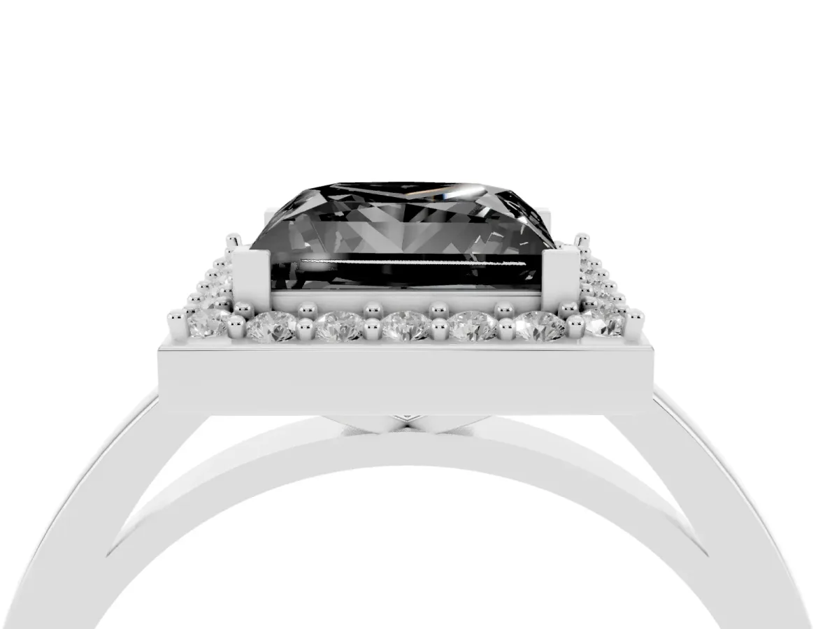 Fancy Black Princess Cut Halo Diamond Ring with Solitaire Band and Prong Setting Silver