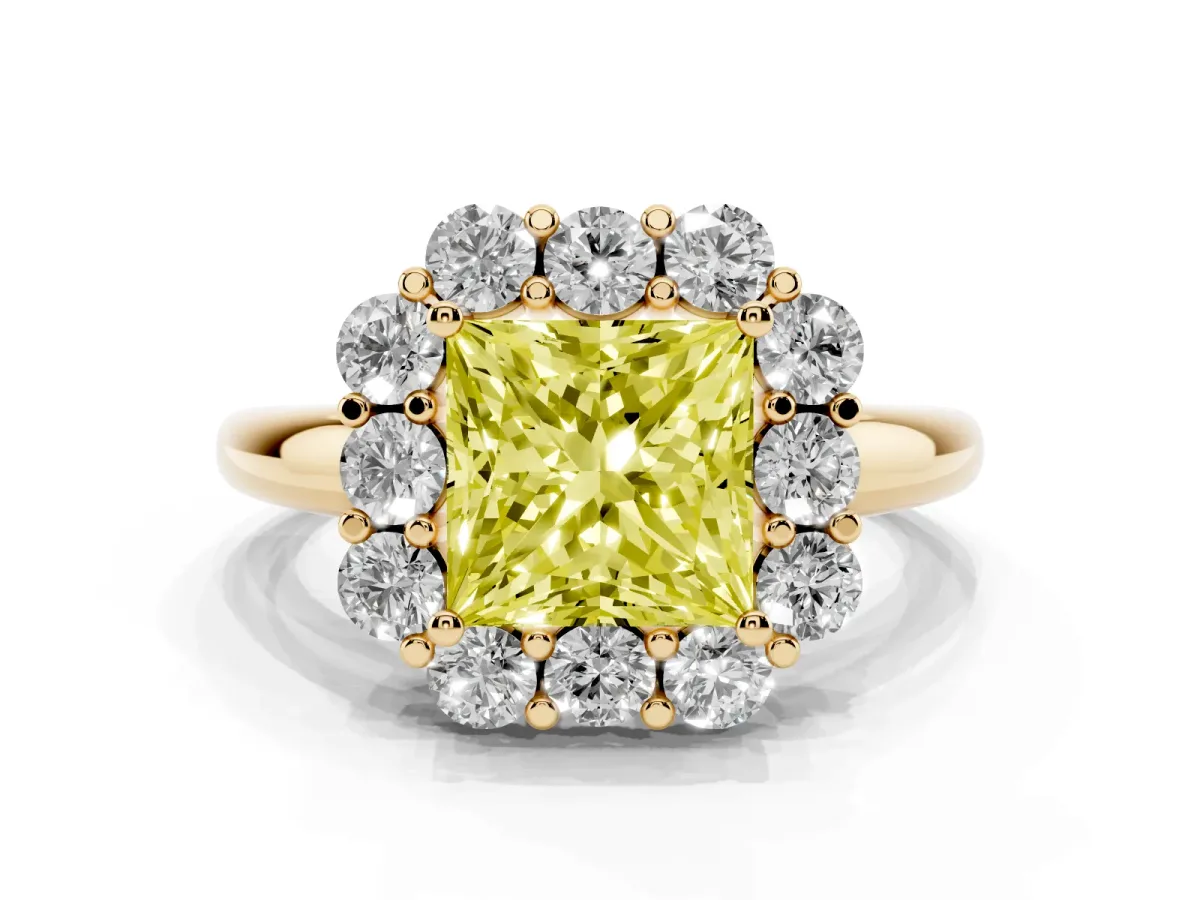 Fancy Yellow Princess Cut Halo Milgrain Solitaire with Bezel Set Side Stones and Pave Band Yellow gold