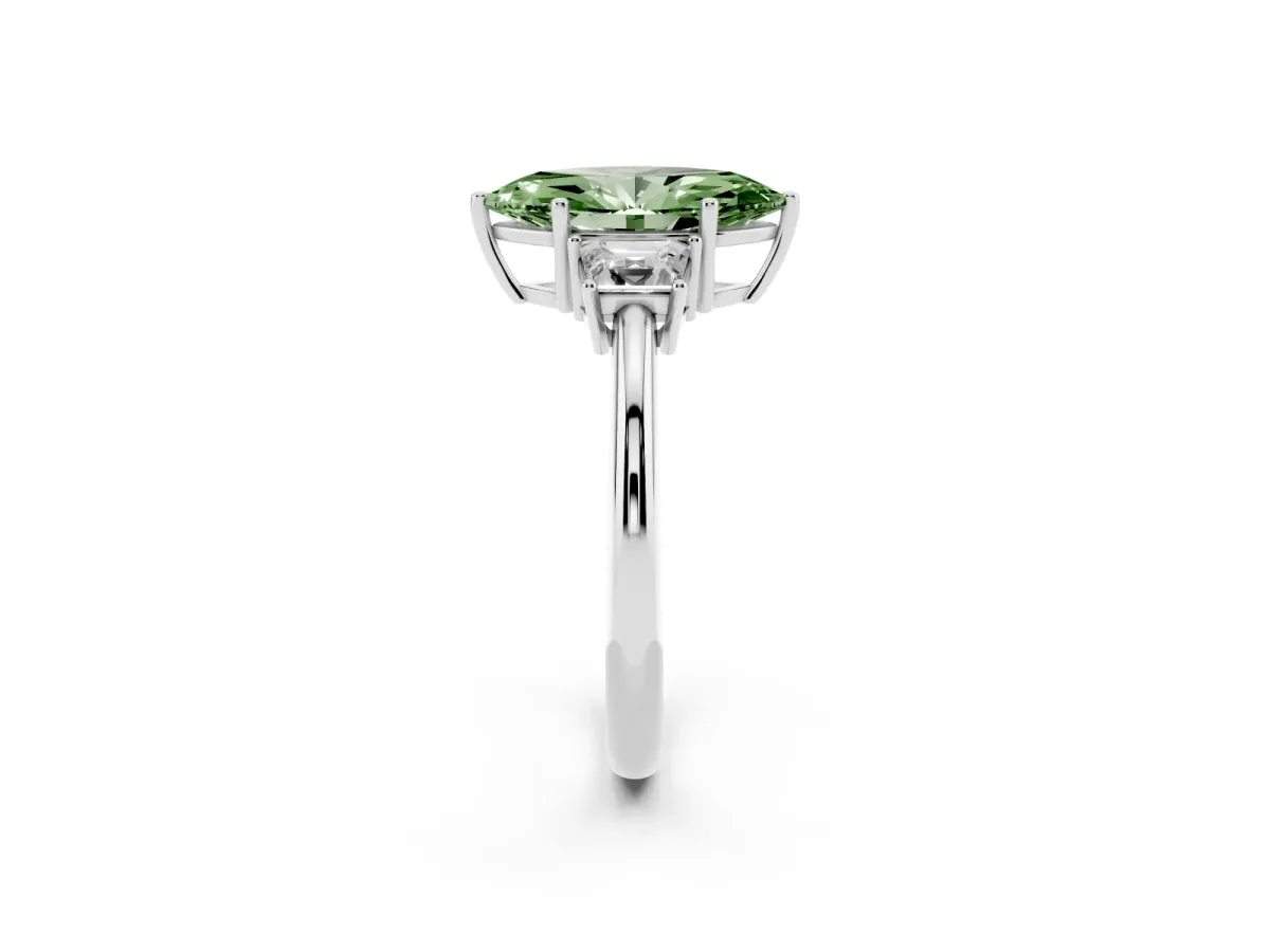 Fancy Green Marquise Cut Diamond Three-Stone Ring with Trapezoid Side Stones and Prong Setting Silver