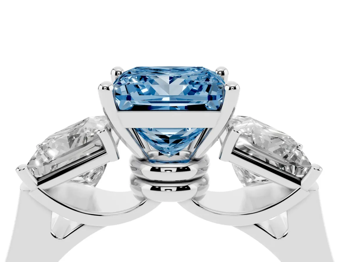 Fancy Blue Three-Stone Princess Cut Brilliant Diamond Trellis Ring with Comfort Fit Band White gold