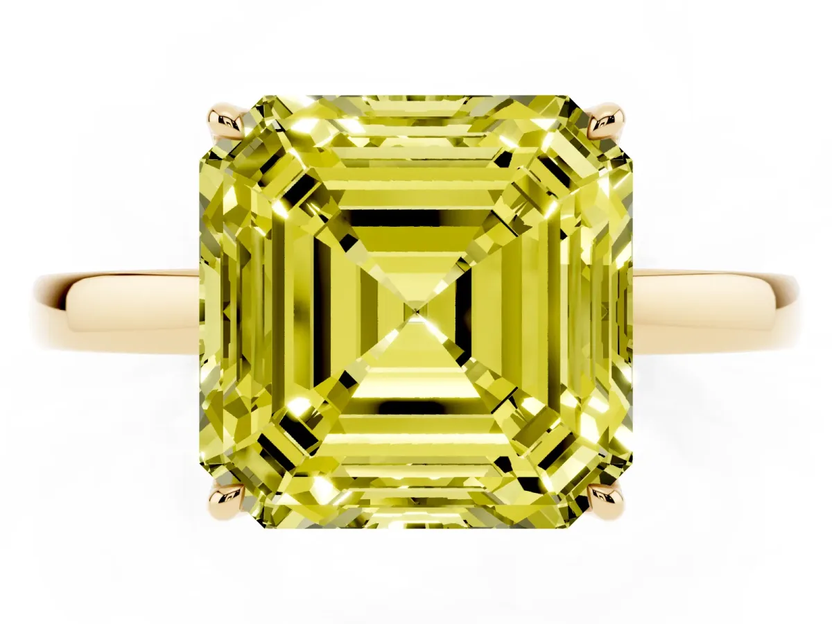 Fancy Yellow Asscher Cut Diamond Solitaire Ring with Thin Band and Prong Setting Yellow gold