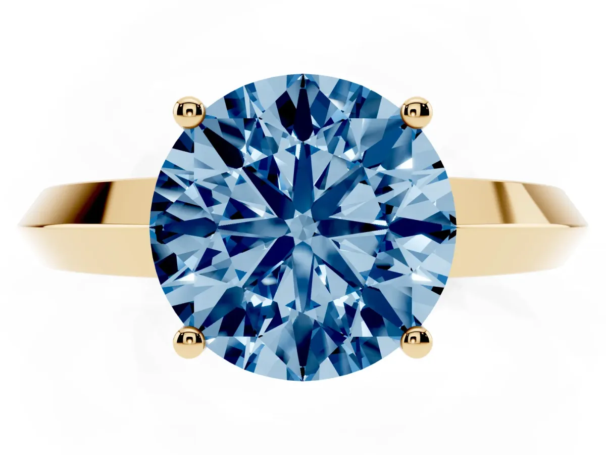 Fancy Blue Round Cut Cut Solitaire Engagement Ring with Flat Band and Four-Prong Setting Yellow gold