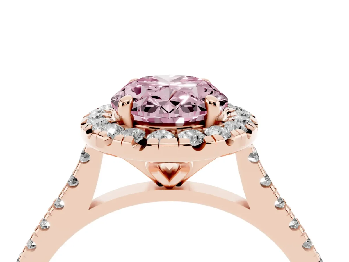Fancy Pink Oval Cut Diamond Cushion Halo Ring with Pavé Band Rose gold