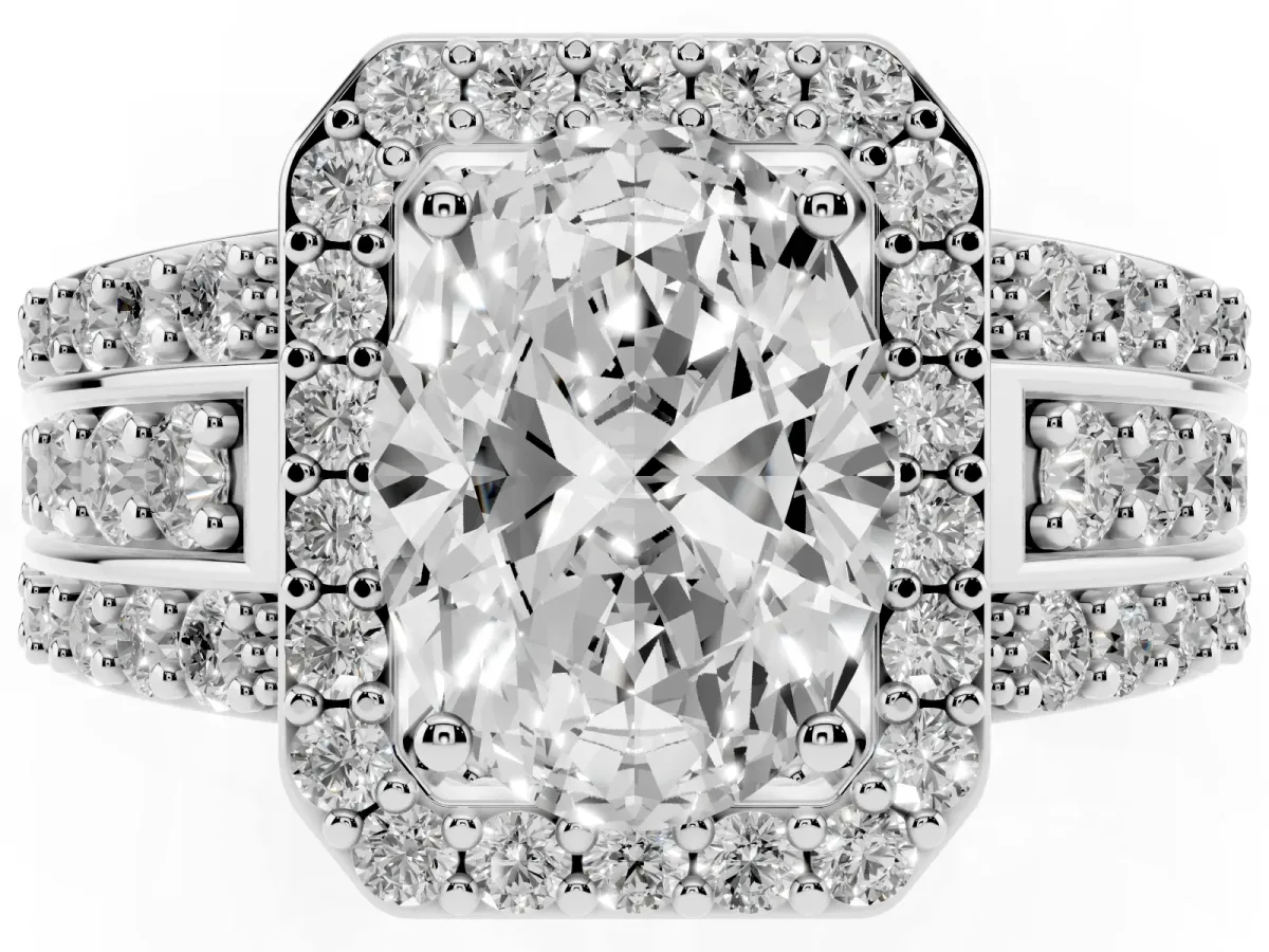 Oval Cut Halo Diamond Ring with Round Split Shank and Prong Setting Platinum