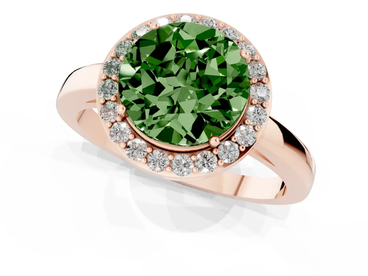 Fancy Green Round Cut Halo Diamond Ring with Solitaire Band and Prong Setting Rose gold