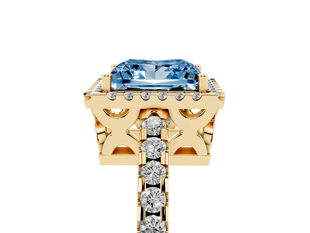 Fancy Blue Princess Cut Diamond Halo Engagement Ring with Pavé Band and Prong Setting Yellow gold