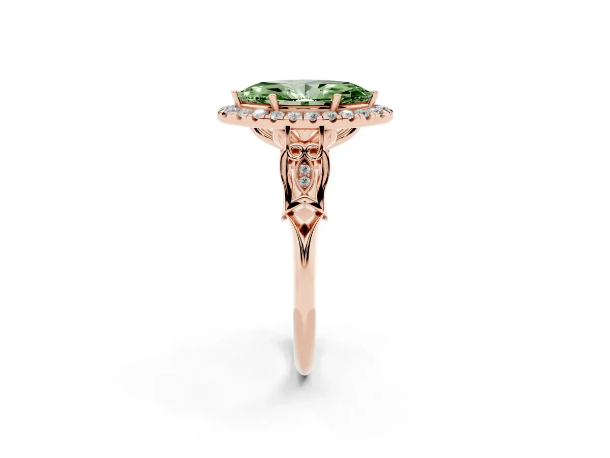 Fancy Green Marquise Cut Halo Diamond Engagement Ring with Filigree Band and Four-Prong Setting Rose gold