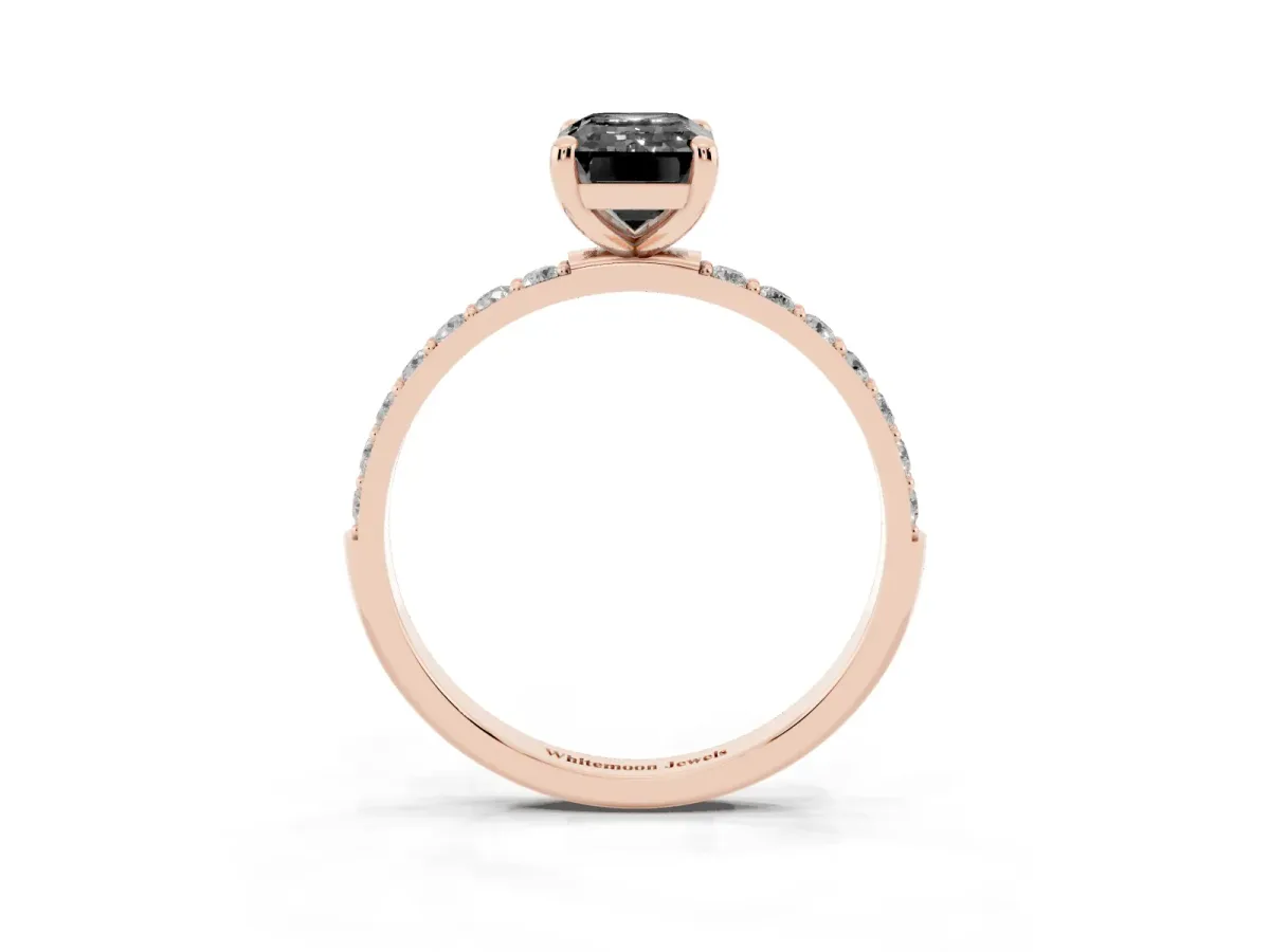 Fancy Black Emerald Cut Diamond Solitaire Ring with Round Pavé Band and Prong Setting Rose gold