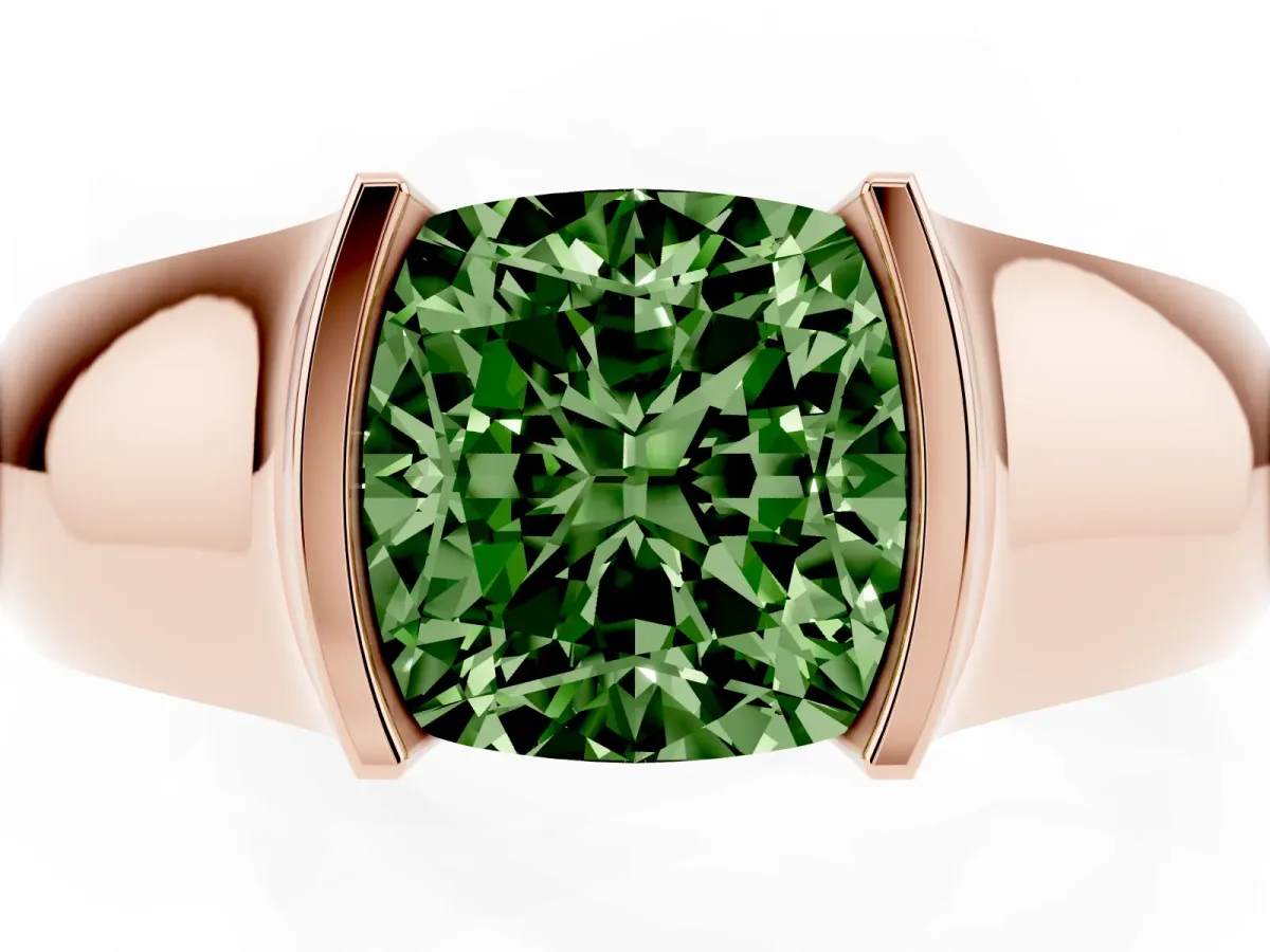 Fancy Green Cushion Cut Solitaire Bezel Set Diamond Ring with Wide Band Rose gold